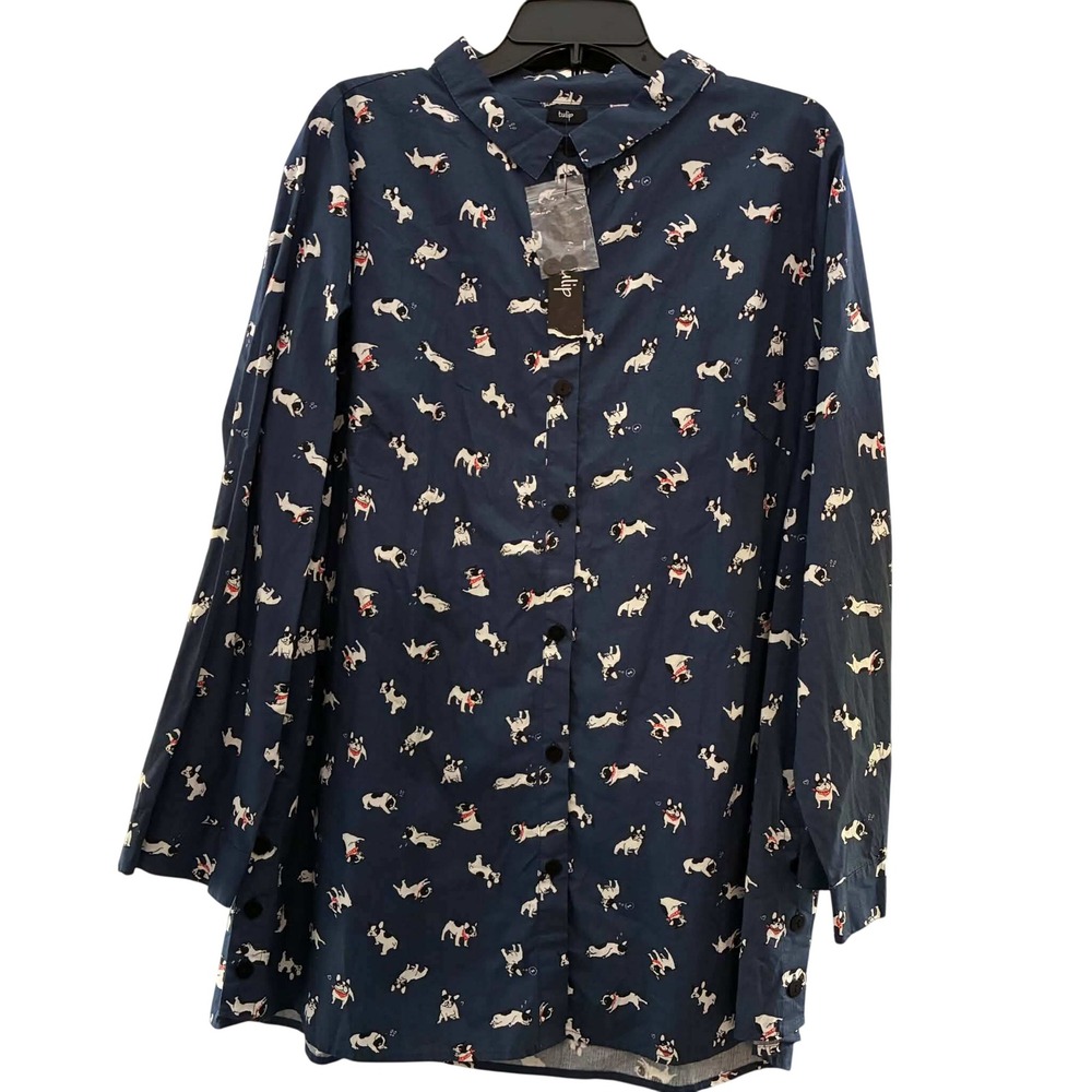 Tulip French Bulldog Tunic Womens XL Navy Blue Cotton Button Down Dog Print
